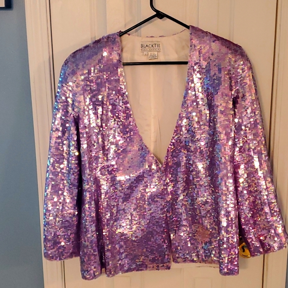 Vintage Rare Oleg Cassini Black Tie Pink Sequined Silk Jacket , Size 8
